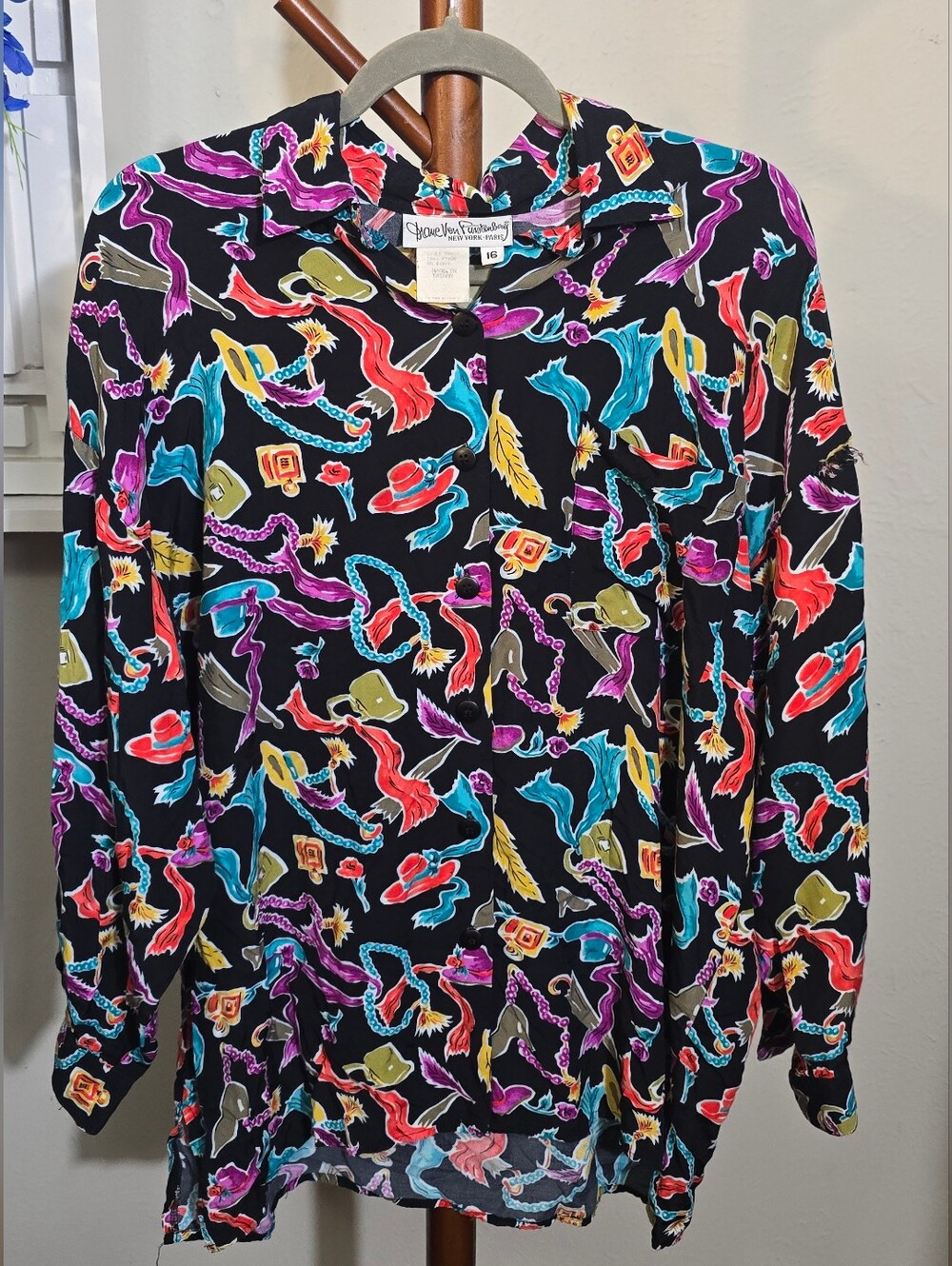 Diane Von Furstenberg 80s Multicolor Novelty Print Long-Sleeve Blouse Sz XL